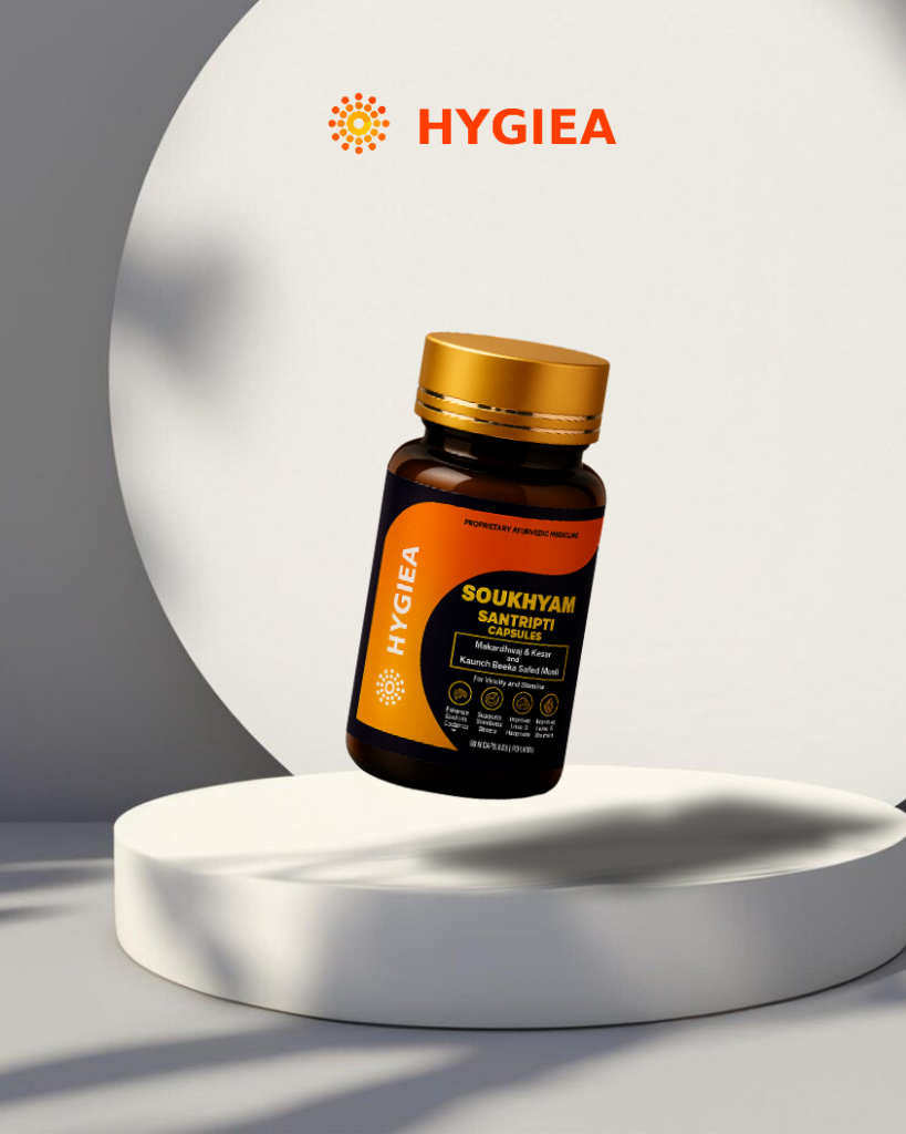 Soukhyam Santripti Ayurvedic Capsule Bottle on White Architectural Pedestal with Hygiea Seal - 60 Vegetarian Capsules