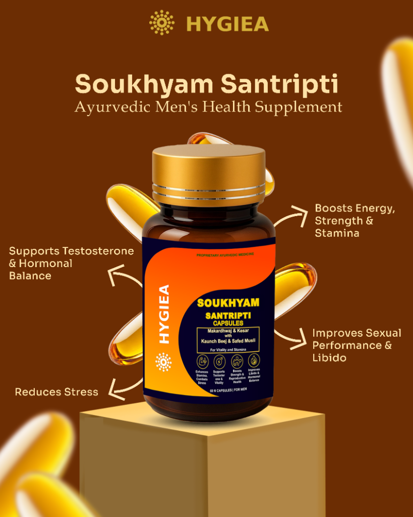 Soukhyam Santripti clinical benefits infographic with golden capsules